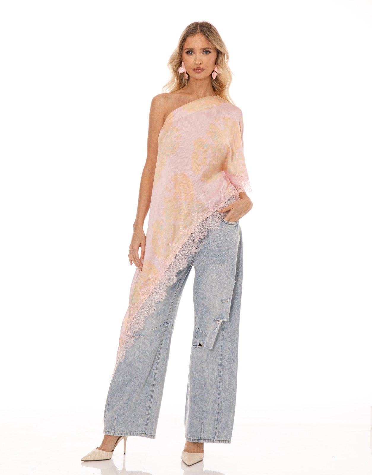 Asymmetric Lace Top in Pink Floral