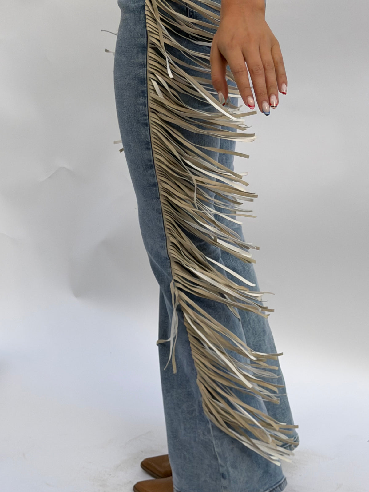 High Rise Fringe Jeans in Light Wash