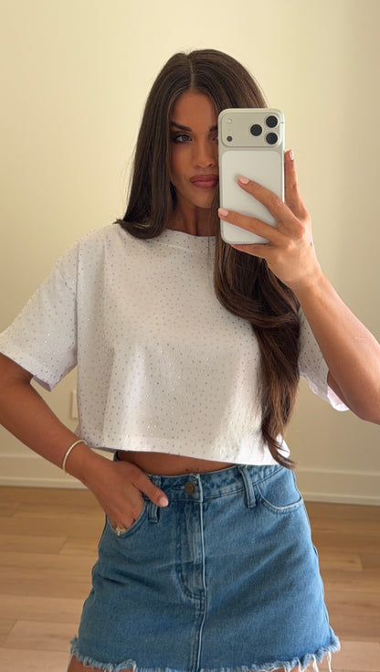 The “Brooklyn" Cropped Rhinestone Tee in White