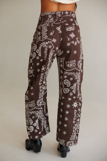 Bandana Print Barrel Leg Pants in Chocolate