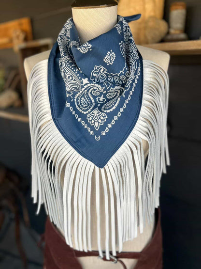 Leather Fringe Bandana in Navy/White