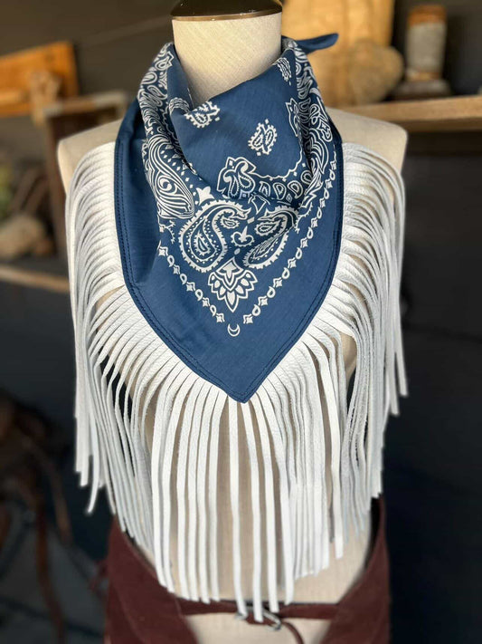 Leather Fringe Bandana in Navy/White