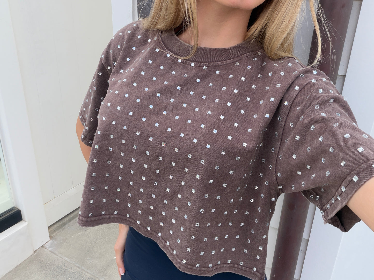The “Dallas" Cropped Rhinestone Tee in Brown
