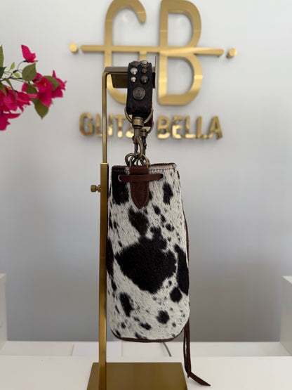Brown and White Cowhide Bucket Bag Small Drawstring w/ Brown Strap
