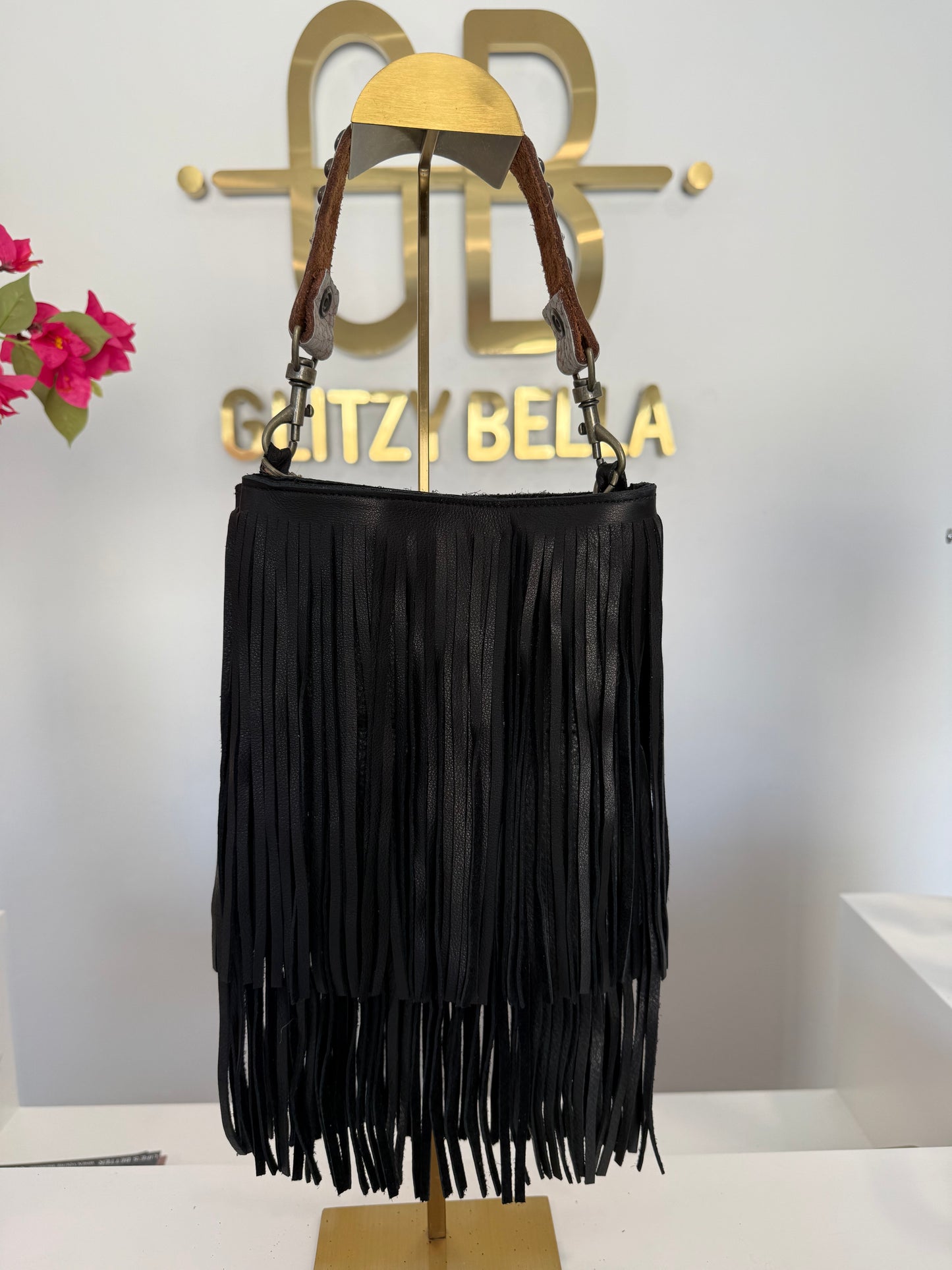 Black Fringe Crossbody w/ Silver Strap