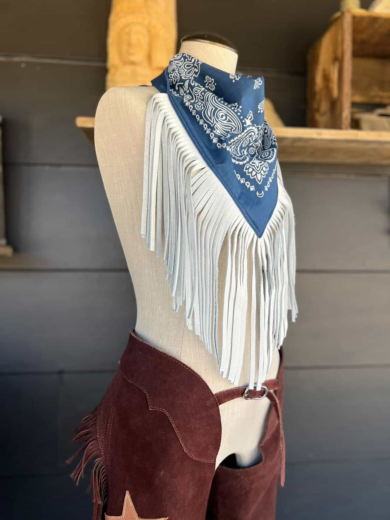 Leather Fringe Bandana in Navy/White