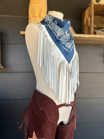 Leather Fringe Bandana in Navy/White
