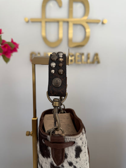 Brown and White Cowhide Bucket Bag Small Drawstring w/ Brown Strap