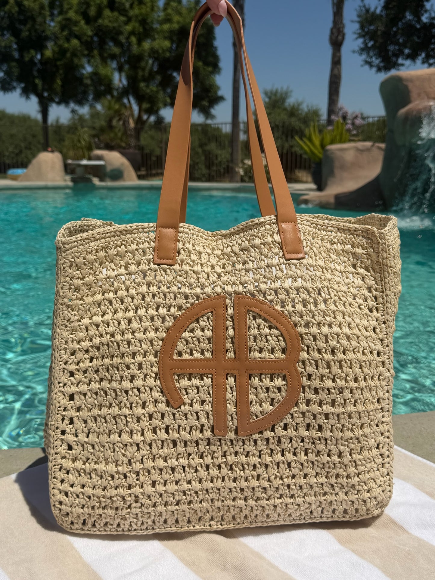 "At The Coast" Straw Beach Tote in Beige