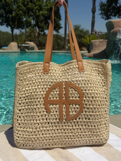 "At The Coast" Straw Beach Tote in Beige