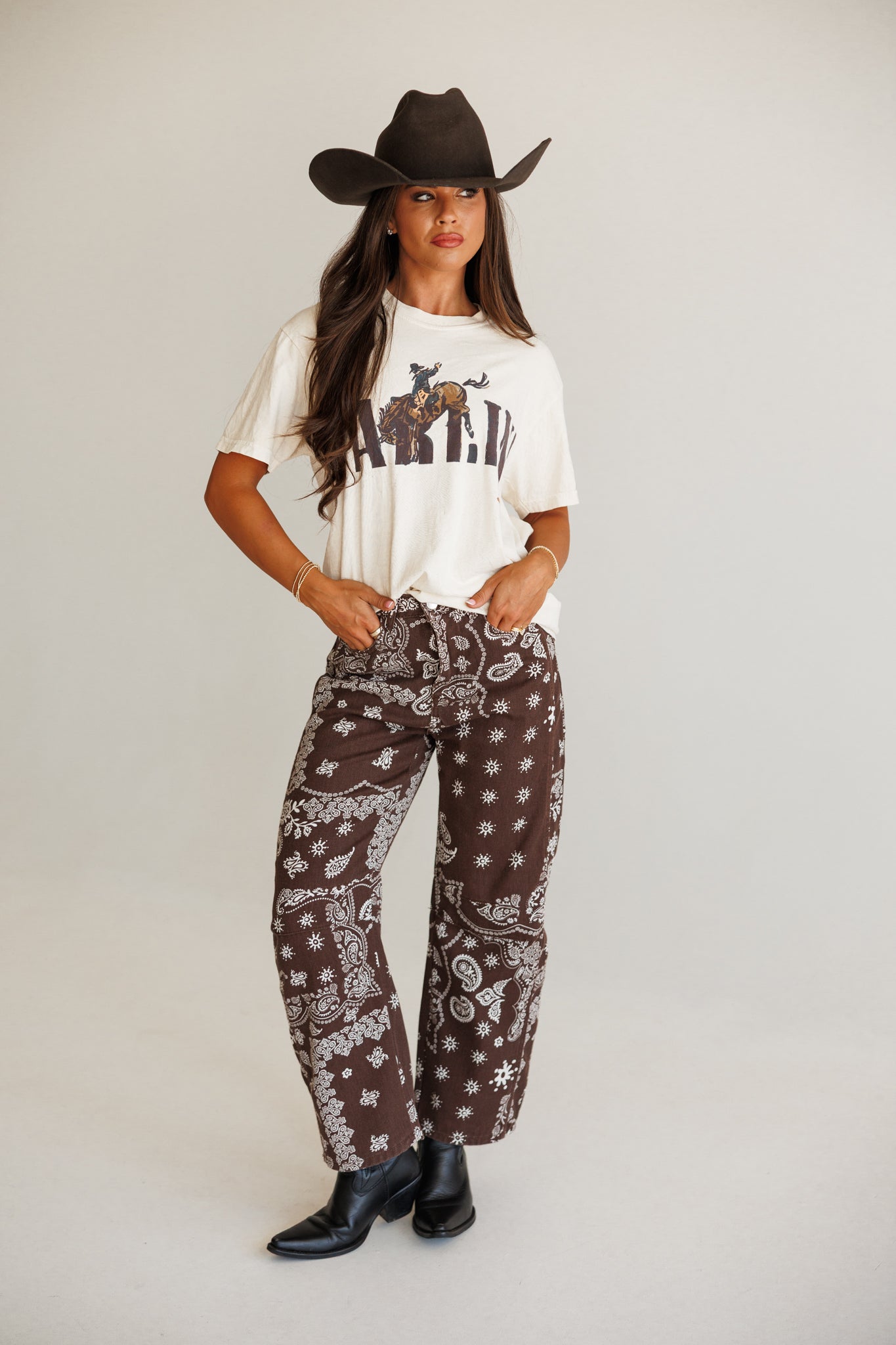 Bandana Print Barrel Leg Pants in Chocolate