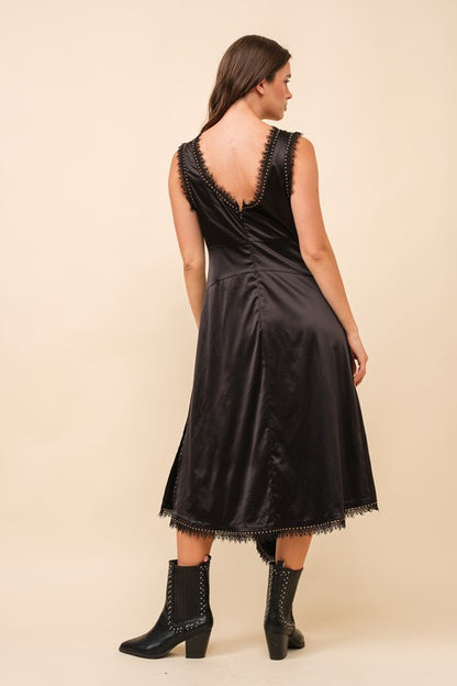 FINAL SALE!! "Callie" Satin Lace Studded Dress in Black