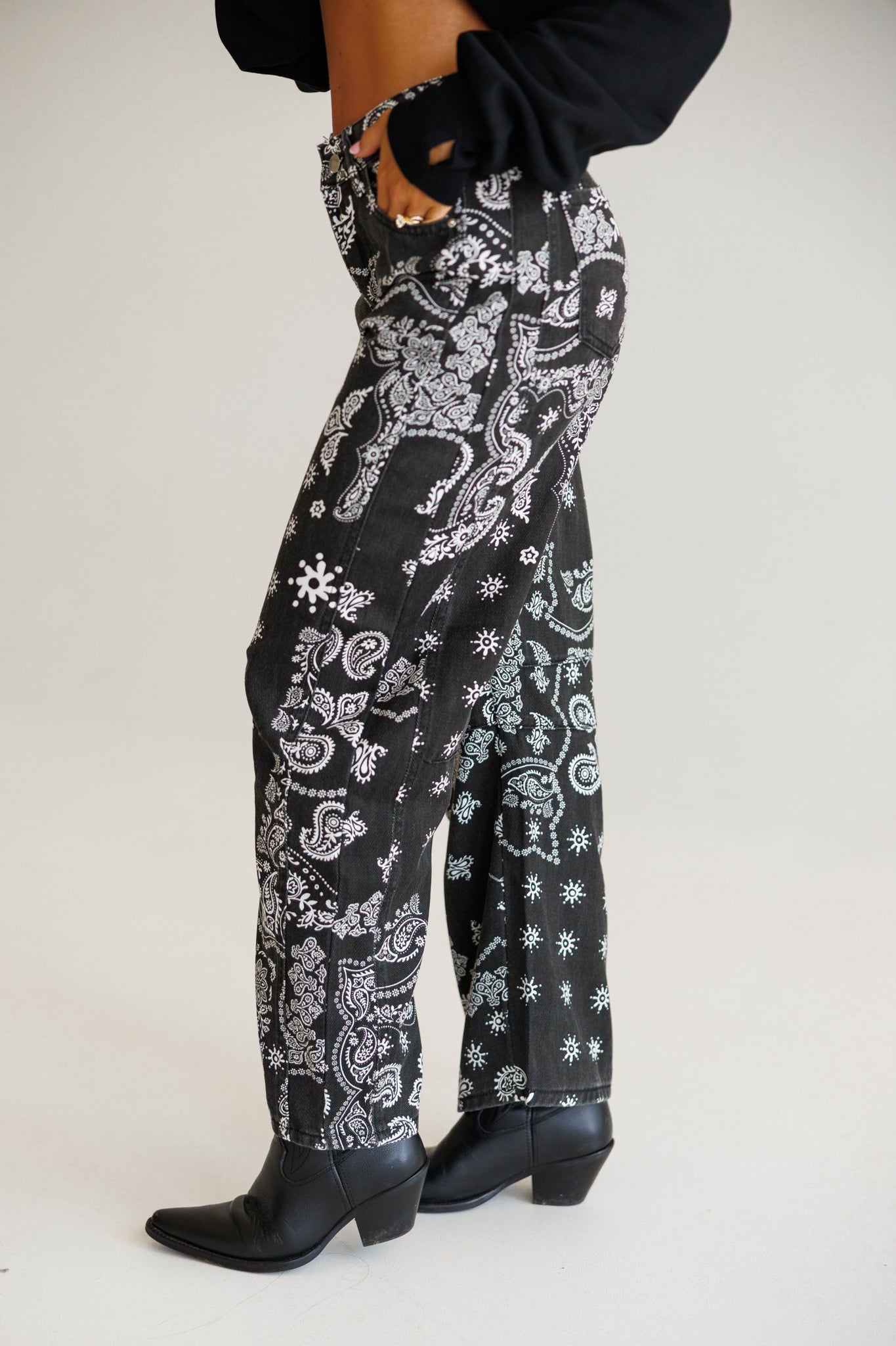 AS SEEN ON CASSIDY!  Bandana Print Barrel Leg Pants in Black