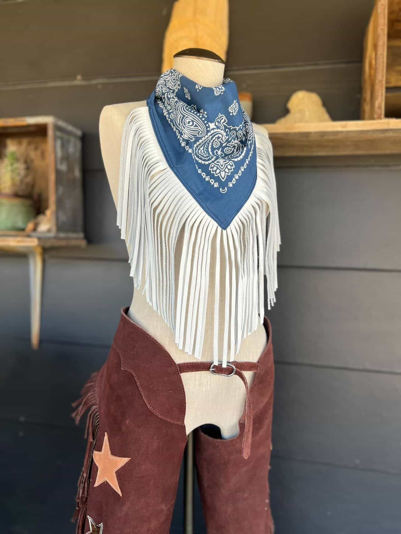 Leather Fringe Bandana in Navy/White