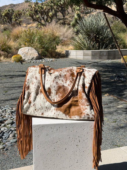 Cowhide Fringe Weekender Bag - Tan