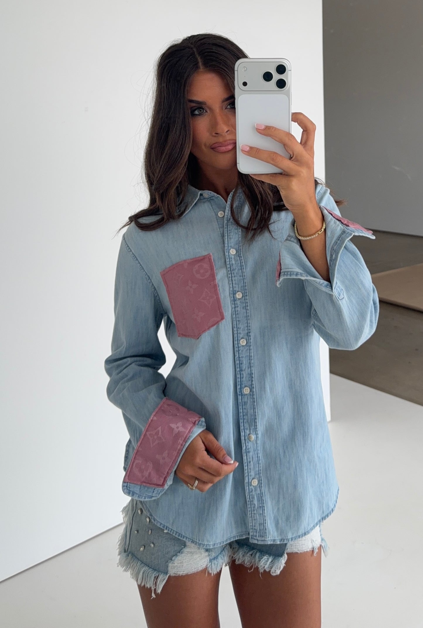 Designer Repurposed Denim Shirt w/ Designer Pink Scarf
