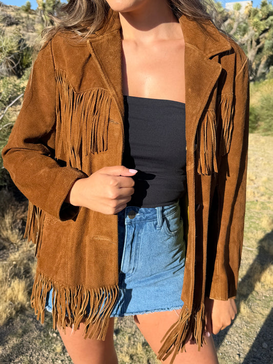 Vintage Dark Camel Suede Fringe Jacket Size Xlarge (16)