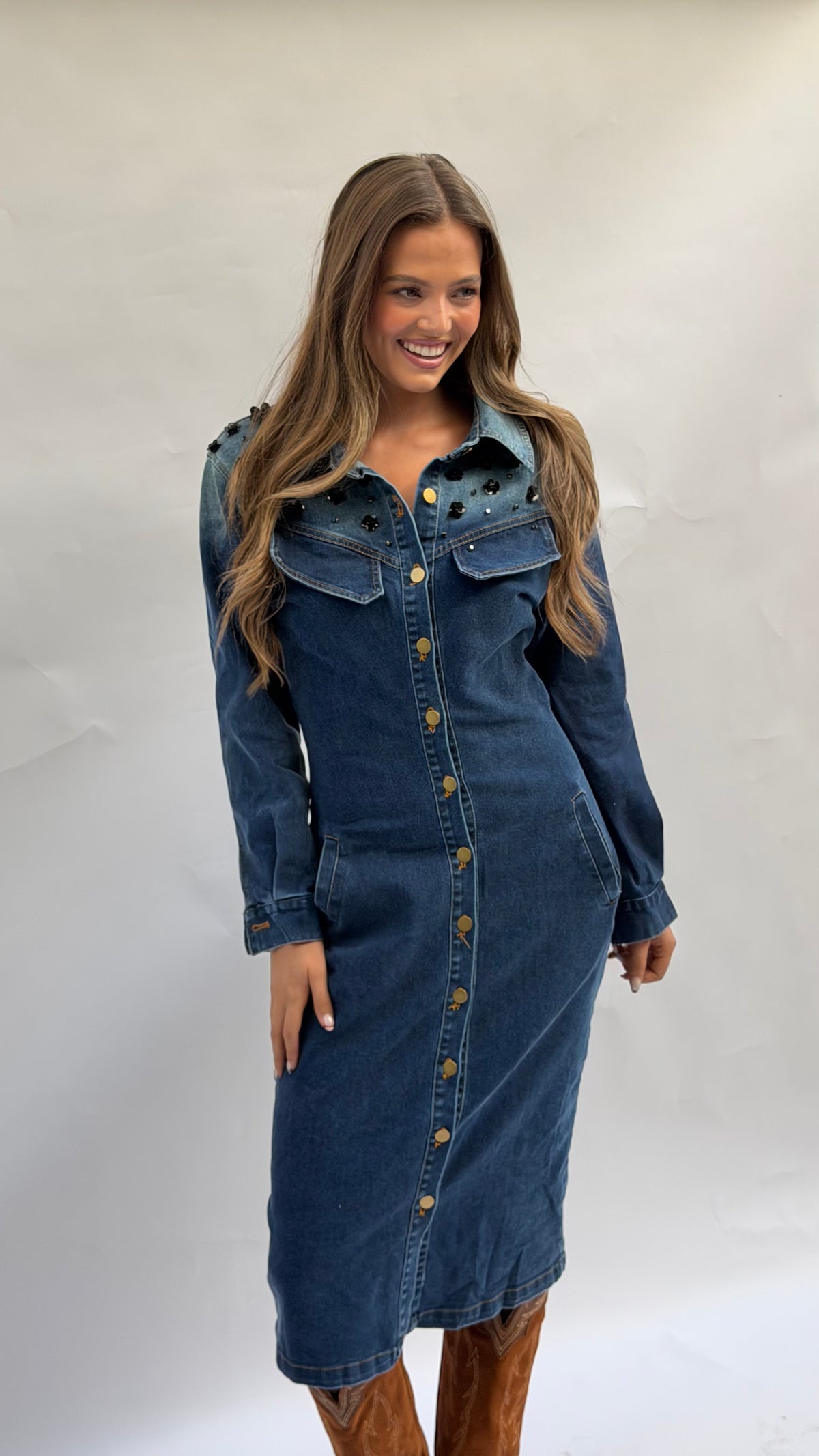 Dark Denim Dress w/ Shoulder Embellishment