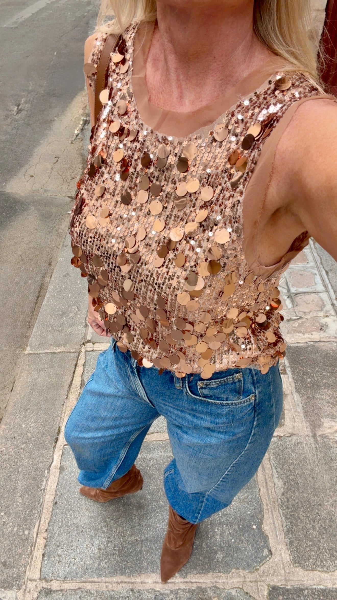 "Fashion Icon" Paillettes Sequin Tank in Cinnamon Brown