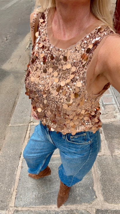 "Fashion Icon" Paillettes Sequin Tank in Cinnamon Brown
