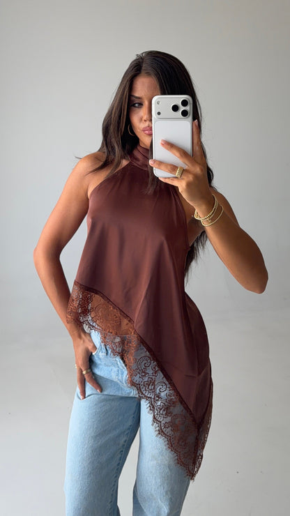 Asymmetric Lace Halter Top in Chocolate - PREORDER