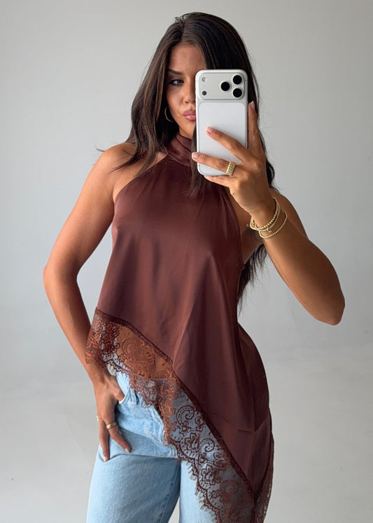 Asymmetric Lace Halter Top in Chocolate - PREORDER