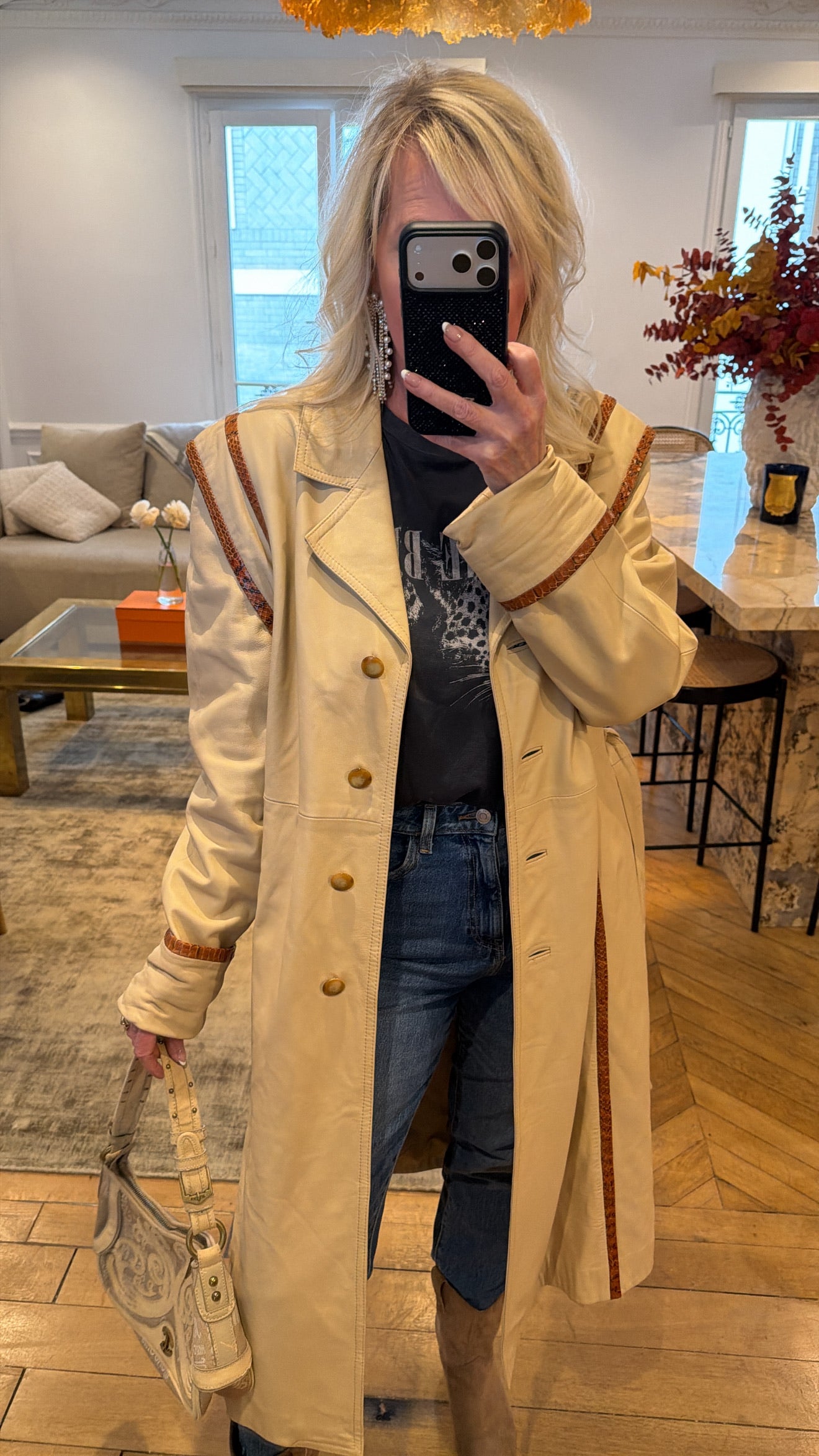 NEW!! Vintage Leather Trench w/ Snakeskin Trim Size Medium