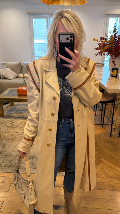 NEW!! Vintage Leather Trench w/ Snakeskin Trim Size Medium