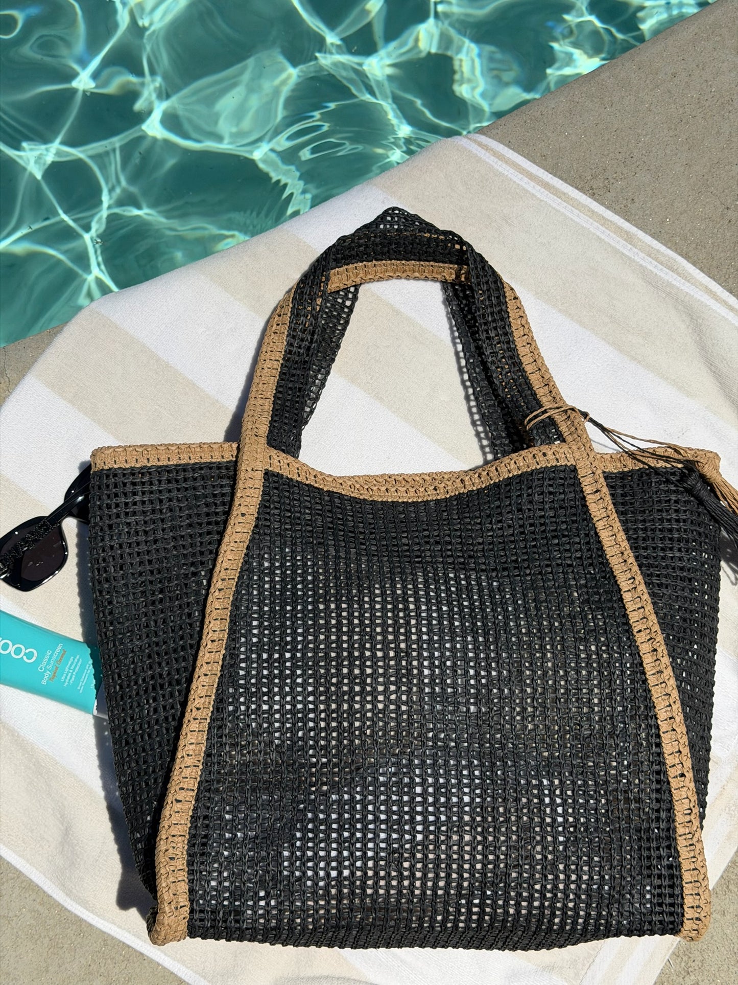 "Cannes Coast" Straw Tote Bag in Black