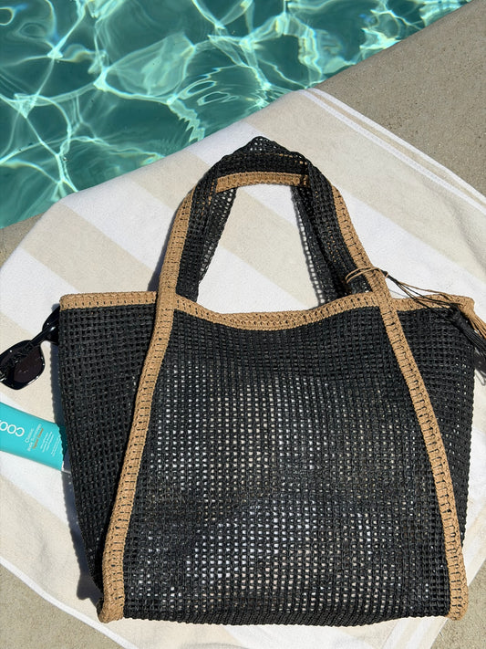 "Cannes Coast" Straw Tote Bag in Black