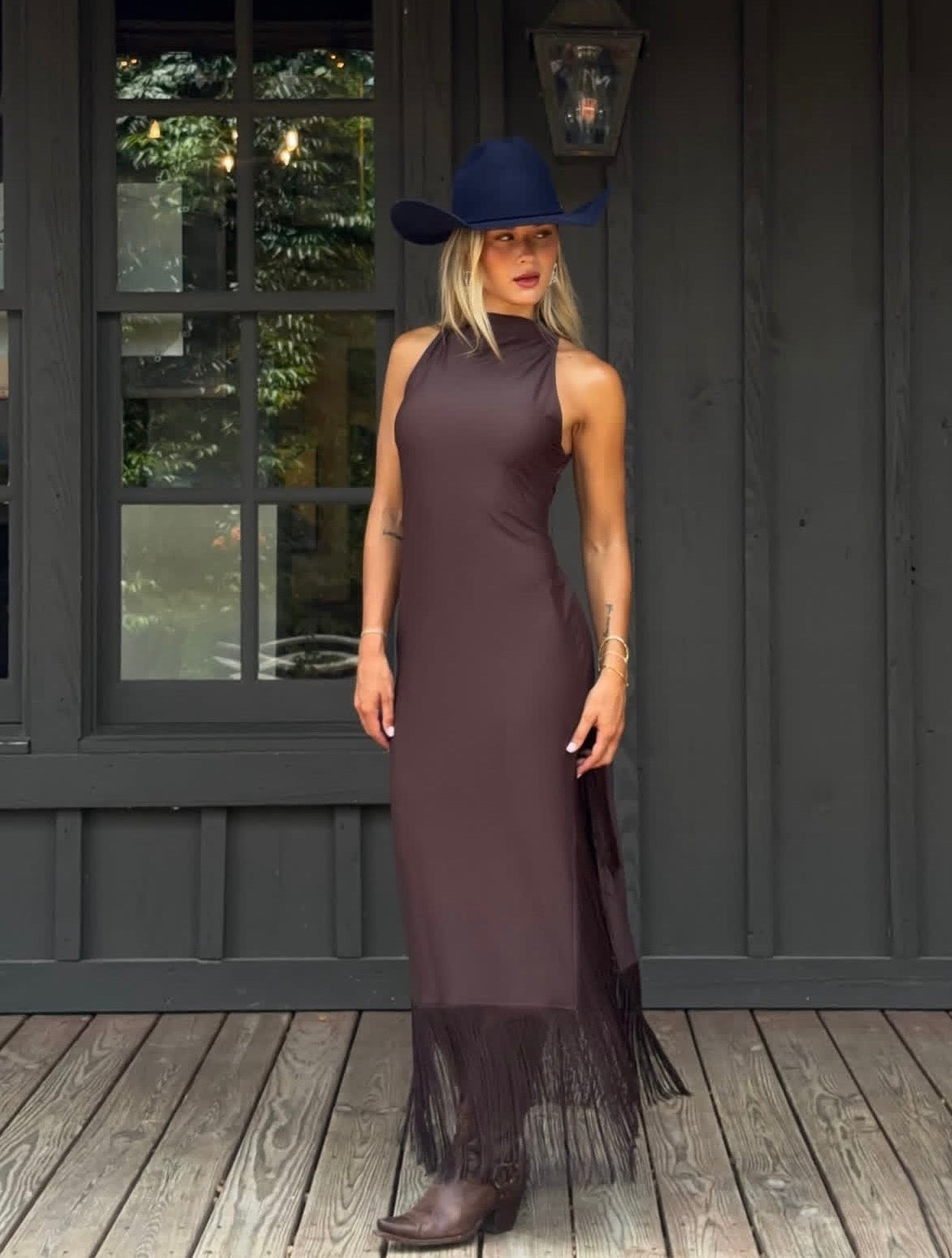 Houston Fringe Midi Dress in Brown