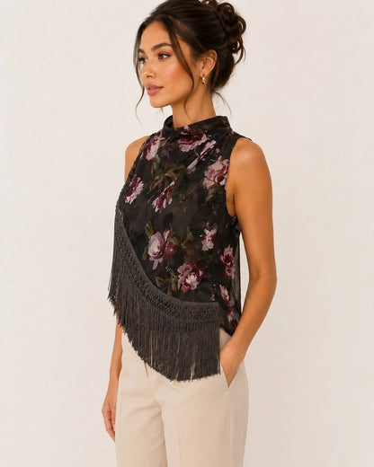 Asymmetric Fringe Sheer Floral Top