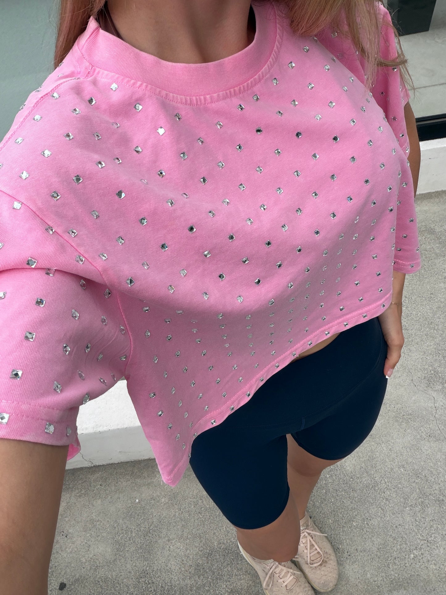 The “Dallas" Cropped Rhinestone Tee in Pink