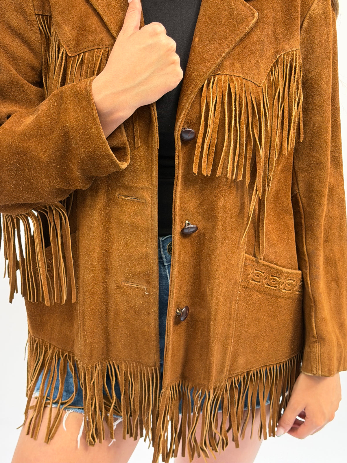 Vintage Dark Camel Suede Fringe Jacket Size Xlarge (16)