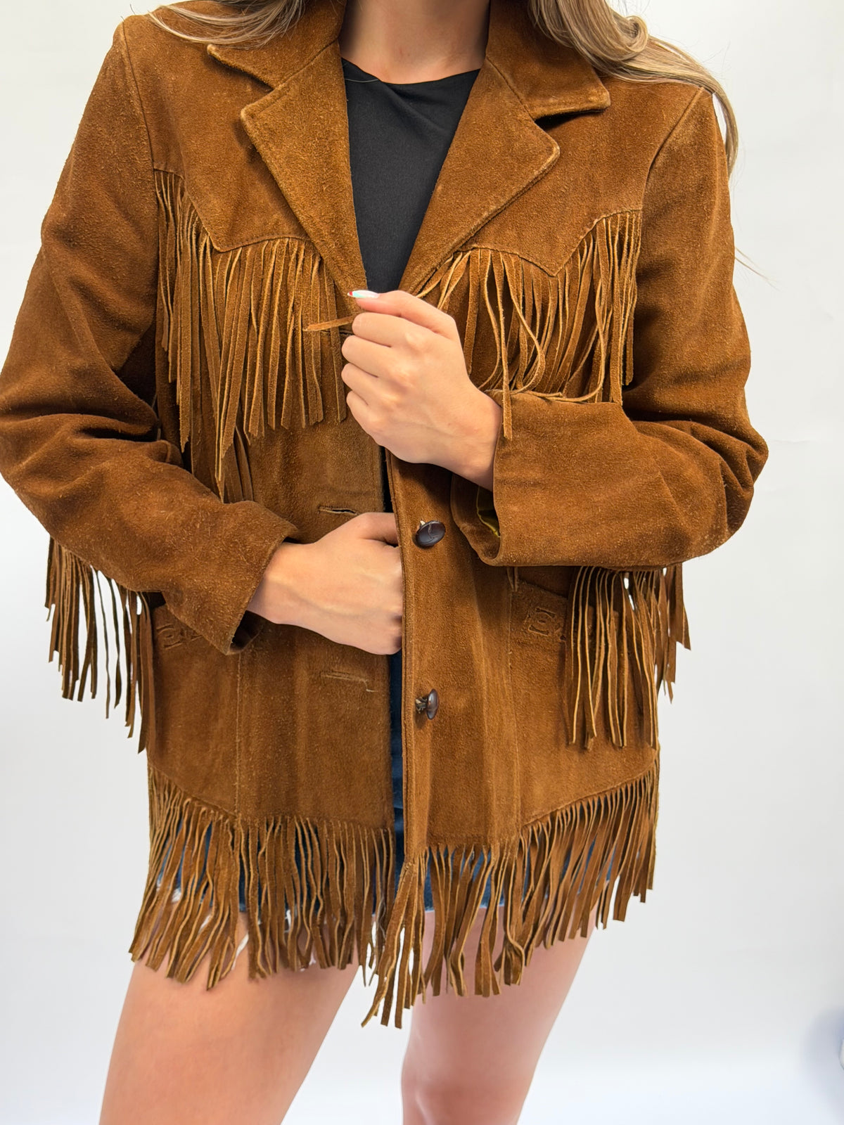 Vintage Dark Camel Suede Fringe Jacket Size Xlarge (16)