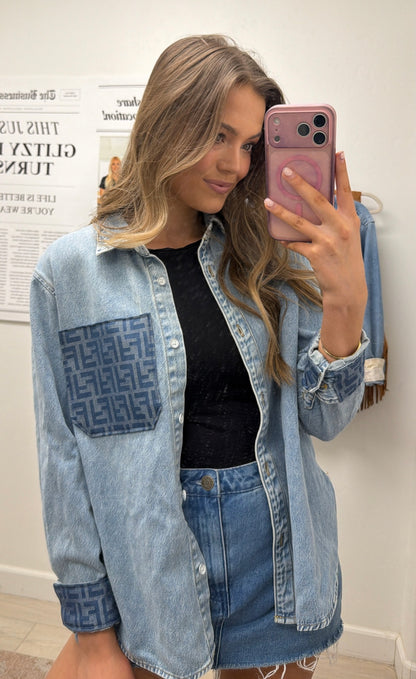 Designer Repurposed Denim Shacket w/ Designer Blue Scarf