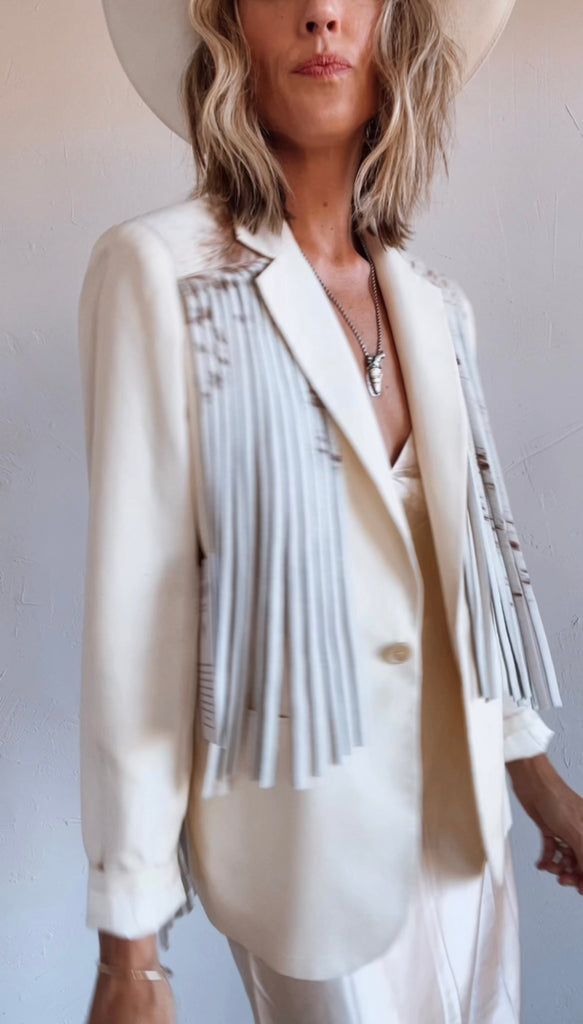 NEW!! Designer Vintage Blazer with Cowhide Fringe in Cream by Westerly - Option #1, Size Medium