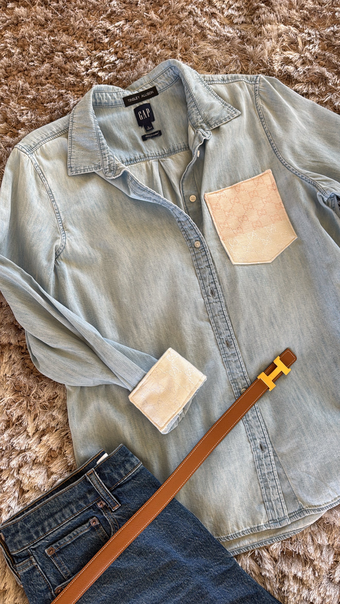 LIMITED EDITION!! Designer Repurposed Denim Shirt w/ Designer Beige Scarf