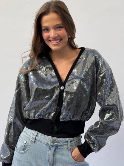 FINAL SALE!! Black Sequin Cropped Jacket in Grey