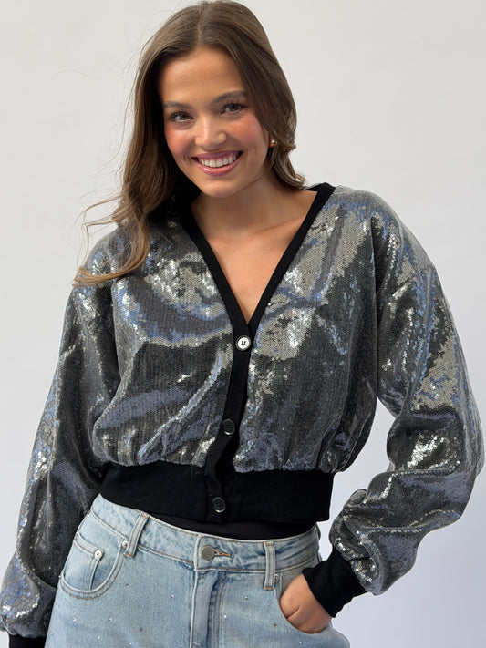 FINAL SALE!! Black Sequin Cropped Jacket in Grey