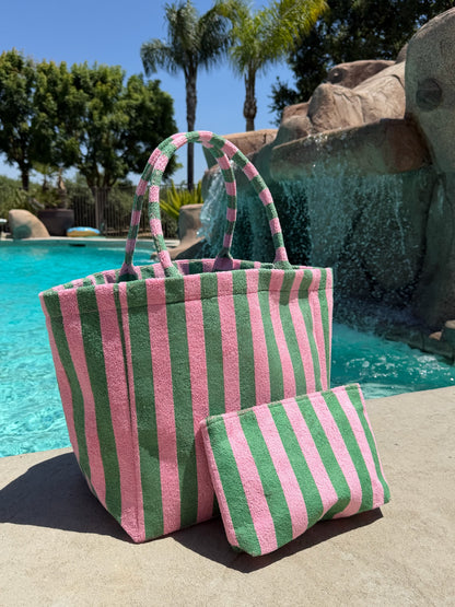 "Cabana Club" Striped Terry Tote Bag in Pink