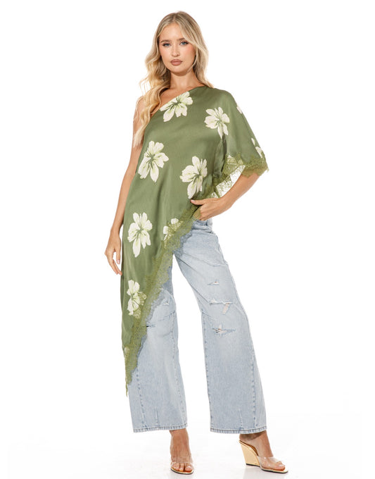 Asymmetric Lace Top in Green Floral