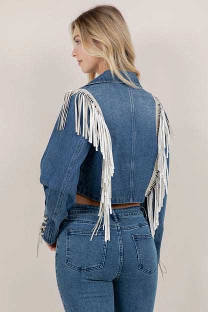 "Aspen" Cropped Fringe Denim Jacket in Medium Wash