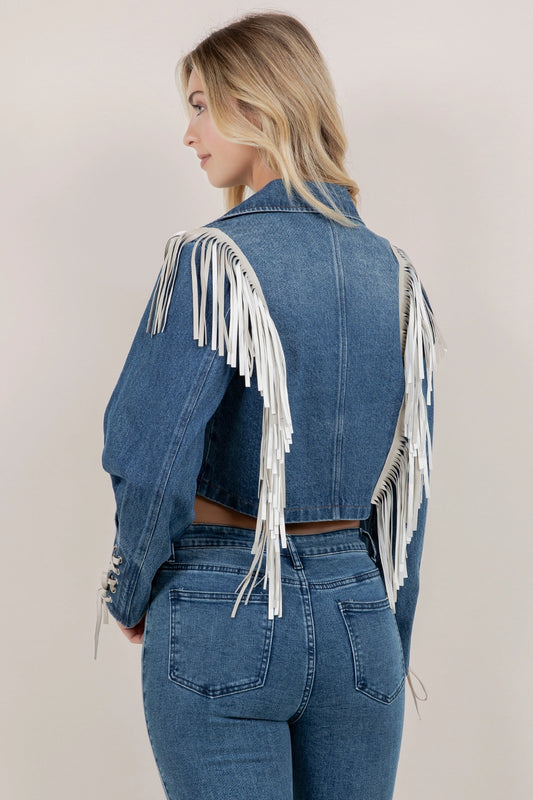 "Aspen" Cropped Fringe Denim Jacket in Medium Wash