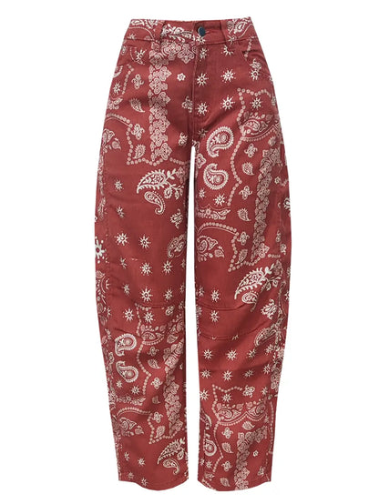 Paisley Barrel Leg Pants in Red
