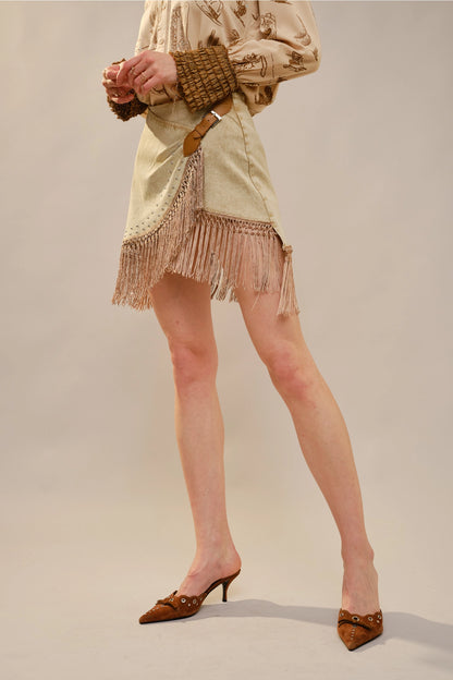 NEW!! Denim Fringe Wrap Skirt in Tan