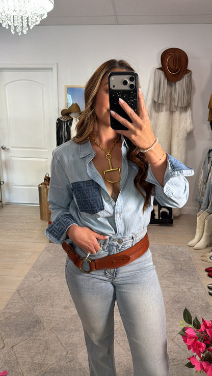 Designer Repurposed Denim Shirt w/ Designer Blue Scarf