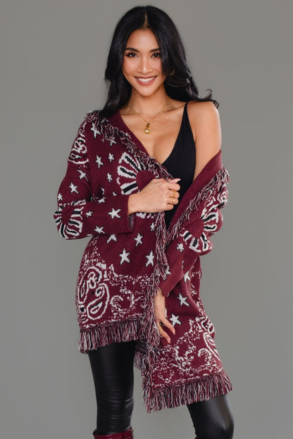 Sonora Fringe Wrap Cardigan in Burgundy