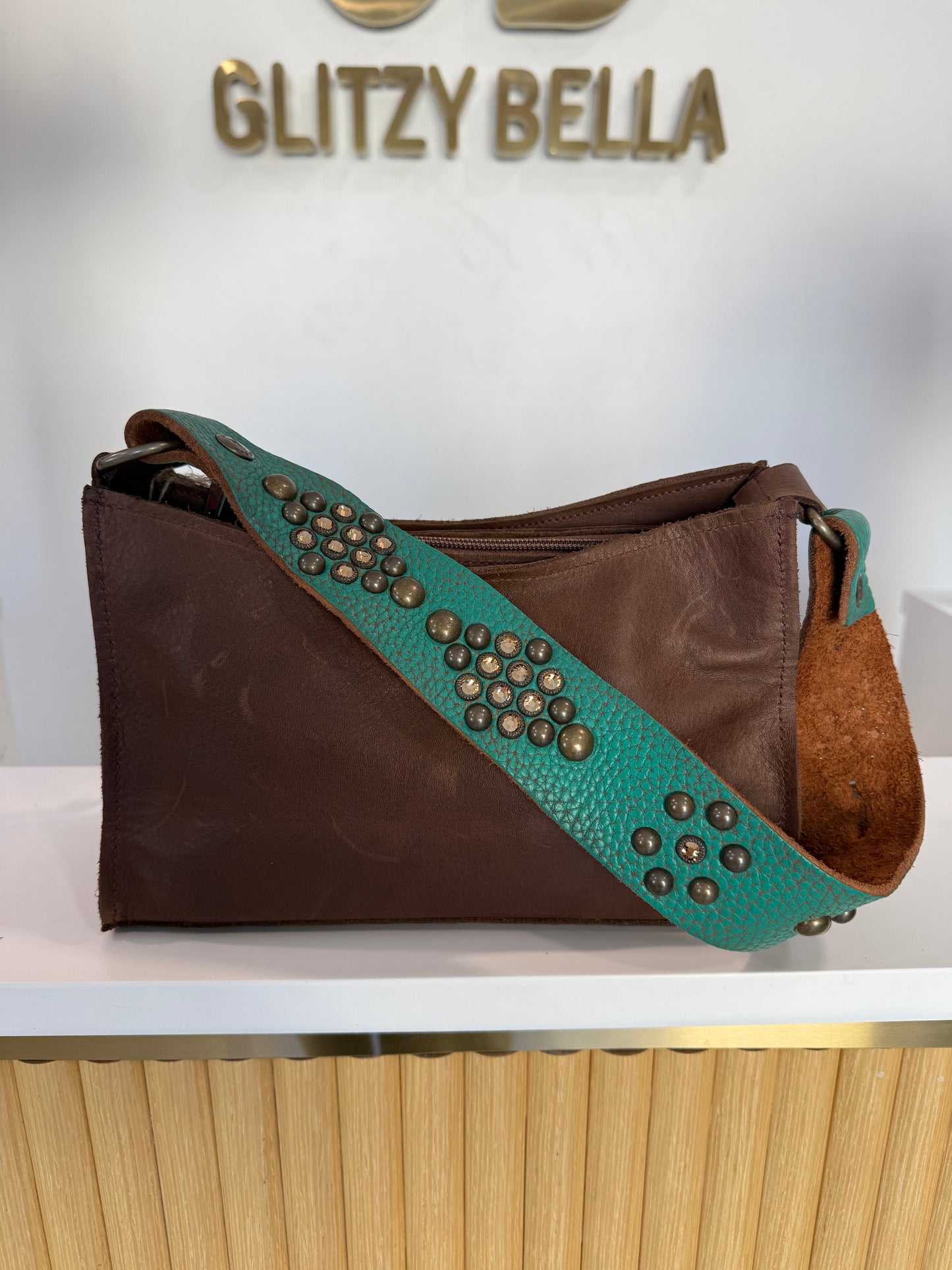 The "Bella" Mini Bag in Brown w/ Turquoise Strap