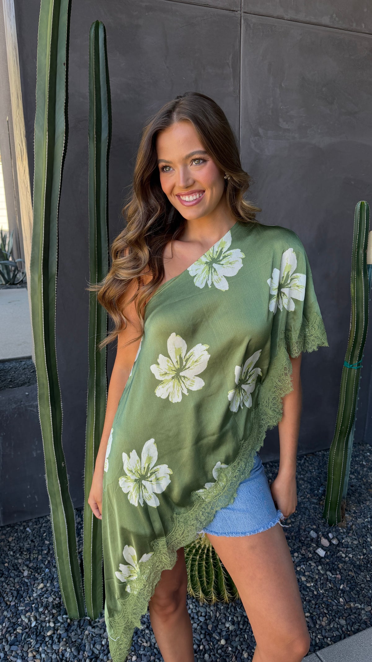 FINAL SALE!! Asymmetric Lace Top in Green Floral